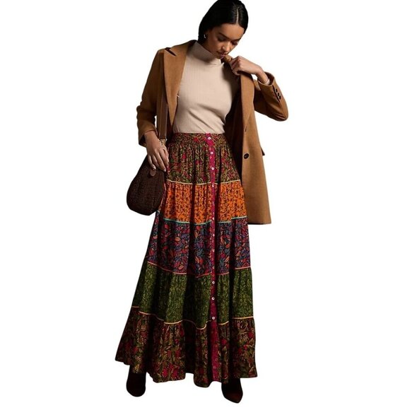 Farm Rio Tiered Button Front Maxi Skirt Womens Sz M Pockets Floral Boho Prairie - Picture 1 of 11